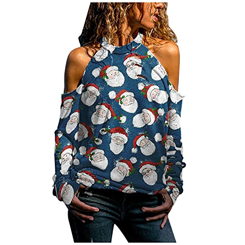 T-shirt de Noël pour femme avec épaules dénudées - Chemisier à manches longues - T-shirt confortable et décontracté - Imprimé Dwarf - Pour l'automne/hiver - Pull ample - Tuniques, bleu, L Cover