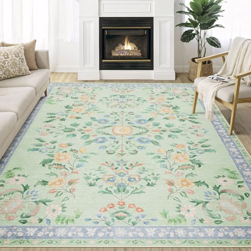 Alfombra Area MUJOO 5x7 Boho Floral Verde Lavable miniatura 1
