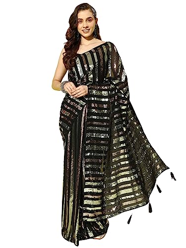 Image of AKHILAM Women's Black Embellished Georgette Saree With Unstitched Blouse Piece