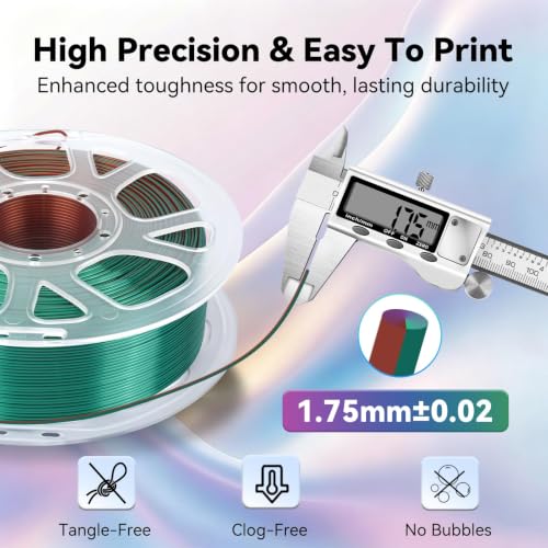 Image of Kingroon PLA Filament, Multicolor Silk PLA Filament, Tri Color 3D Printer Filament, 1.75 mm, Dimensional Accuracy + /- 0.03 mm, 1kg Spool(2.2lbs), Green Purple Copper