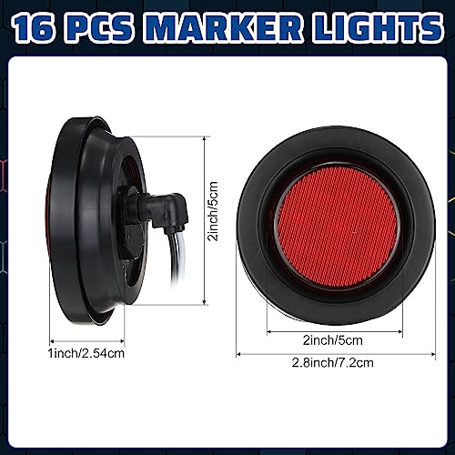 Image of Treela 16 Pcs 2 Inch LED Marker Lights 10 LEDs Round Trailer Light Waterproof Sealed with Rubber Flush Mount Grommet 2 Prong Wire Pigtails for RV Truck Semi Trailer Side Tail Lights(Red and Amber)