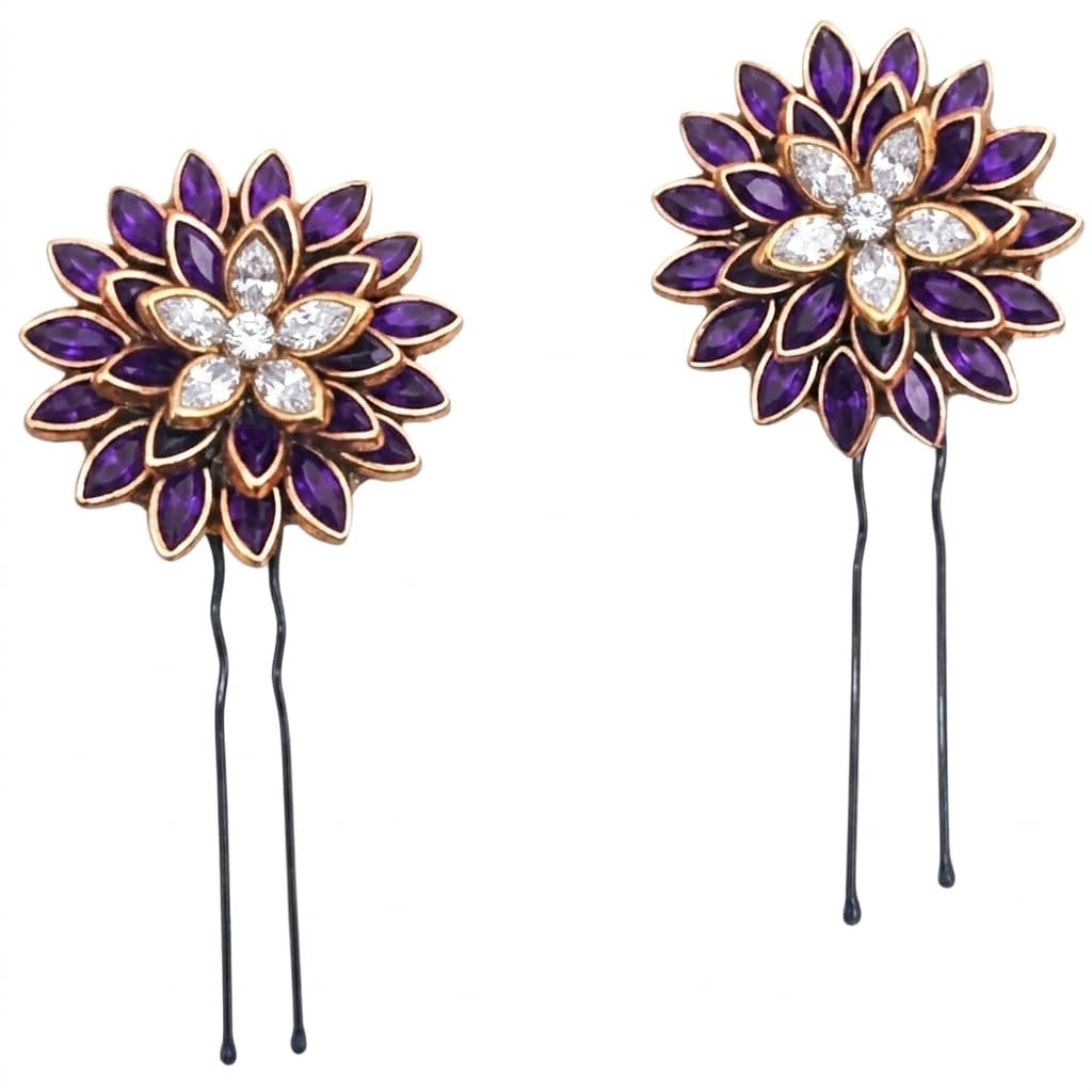 Floral Hair Brooches U- Pin Jada Billalu for Wedding Women, Bride Hair Accessories (6 Pieces) (Purple and White)-image-15