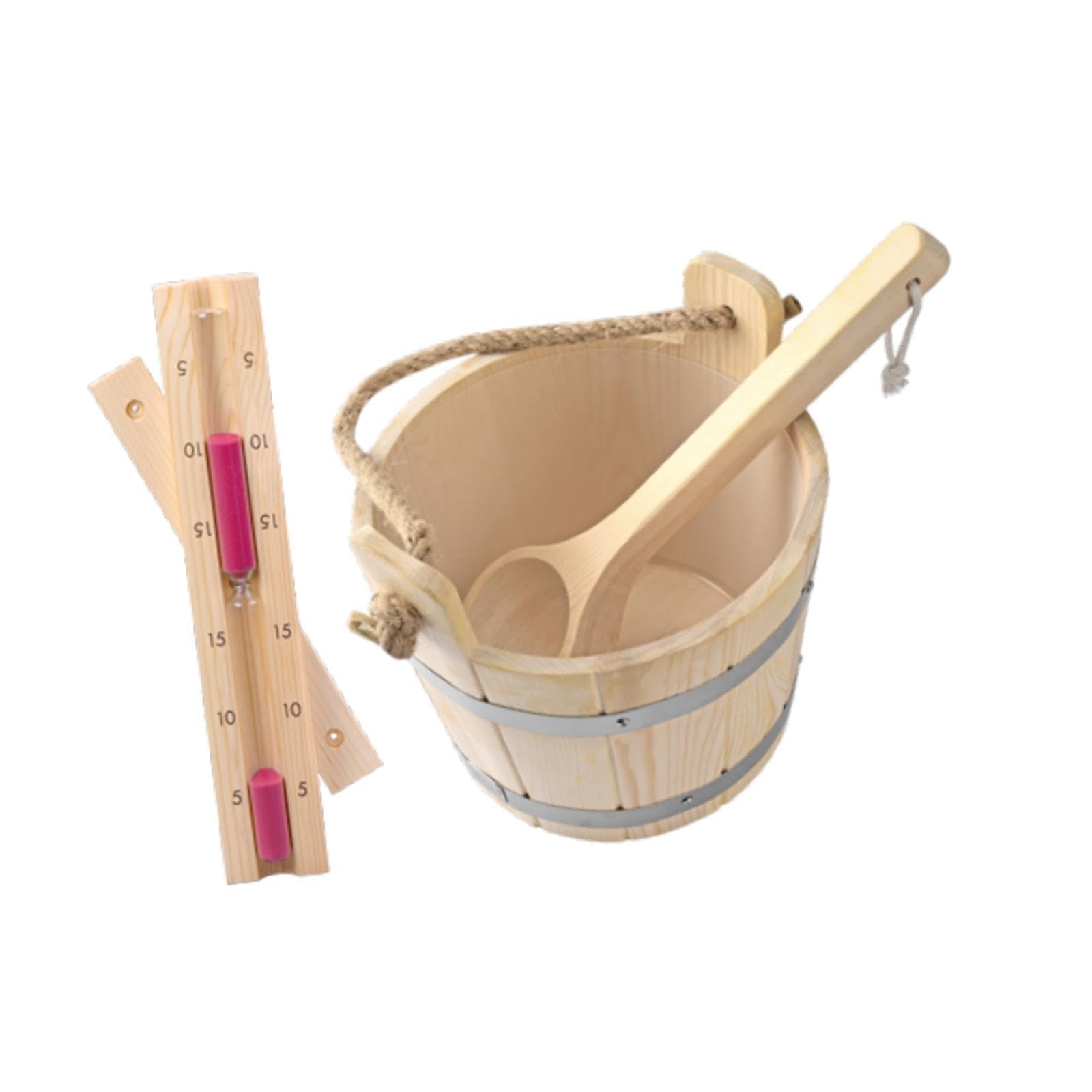 Cubo y cucharón de Para madera para sauna de 5 litros capacidad, resistente y con temporizador reloj arena. Ideal para saunas vapor. Kit accesorios portátil y resistente.