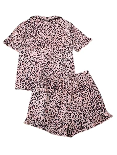 SOFIA'S CHOICE Women's Cheetah Print Pajamas Set Ruffle Button Up Sleepwear Top and Cute Shorts Lounge Set4
