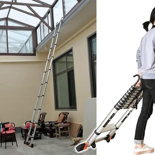 Heavy-Duty Multi-Purpose Folding Aluminum Ladder for Home, Rooftop, Attic & RV, 330 lbs Capacity, 8.8ft with Hook & Wheels, Silver, 2.7m