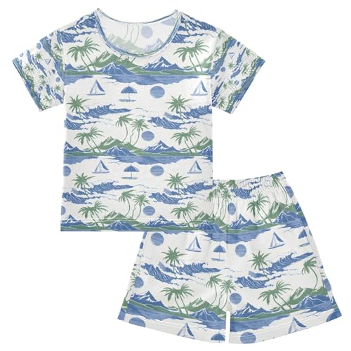 senya Palm Tree Sailboat Mountain Wave Summer Pajamas Set Short Cotton Sleepwear 2 Piece
