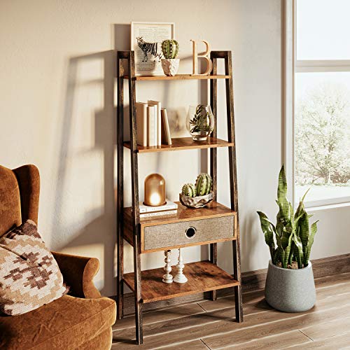Rolanstar Ladder Shelf with Drawer, Retro Bookshelf, 4-Tier Ladder Bookcase, Utility Organizer Shelves, Stable Metal Frame, for Living Room, Office Room,LD001-A