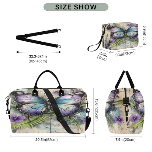 Weekender Bags Travel Duffel Gym Bag Retro Butterfly Carry on Overnight Tote Bag with Toiletry Bag for Airplane Travel Trip Gym Yoga3