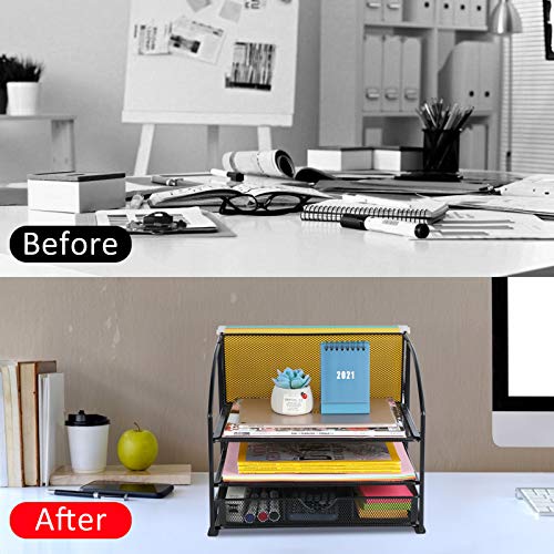 Samstar Multi-Functional Desk File Organizer,Paper Letter Tray with Sliding Drawer, Vertical Upright Section for Hanging File Folders, Black