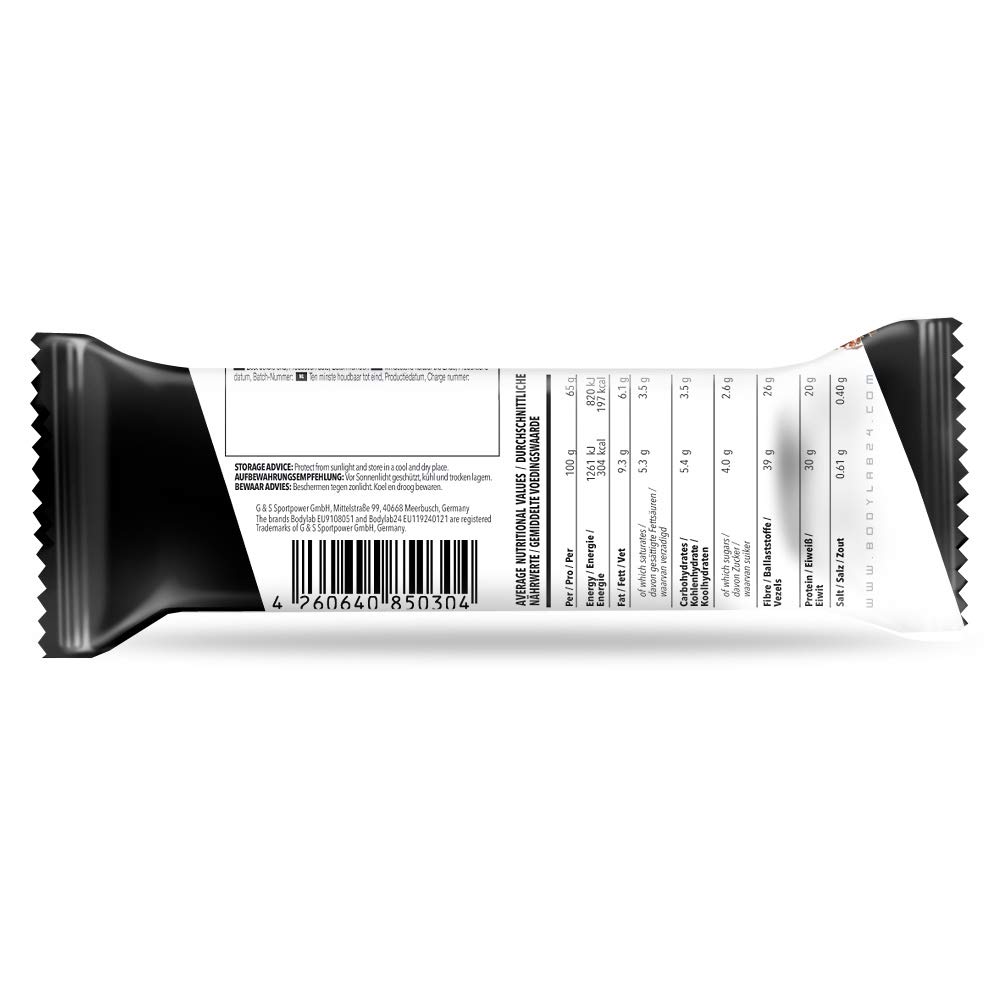 Bodylab24 Eat Clean Protein Bar 12 x 65g / Protein-Riegel mit wertvollen Ballaststoffen / 20g Eiweiß pro Riegel / Leckerer Eiweißriegel für Fitness, Sport und unterwegs / Double Choco