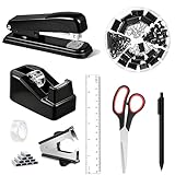 Dimonluce Office Desk Accessories, Black Office Supplies Accessories with Tape Dispenser, Stapler, Staple Remover, 1000 Staples, Tape, Clips Set, Ruler, Scissor, Pen