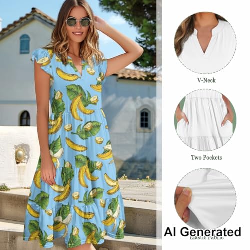 Image of Women's Casual Ruffle Sleeve Dress V Neck Pullover Dress Flowy A-Line Pleated Lightweight Dress with Pockets