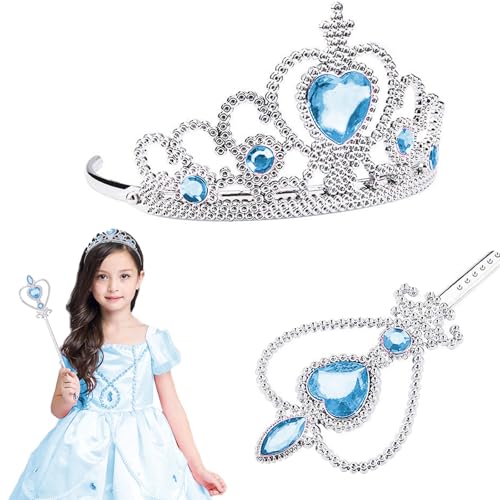 LIURFLNC 2 Pcs Krone Mädchen, Diadem Kinder, Zauberstab Mädchen Prinzessin Krone Prinzessinnenkrone Passend für Sophie/Rapunzel/Halloween/Karneval/Cosplay-Kostüme(Blau/Rosa)