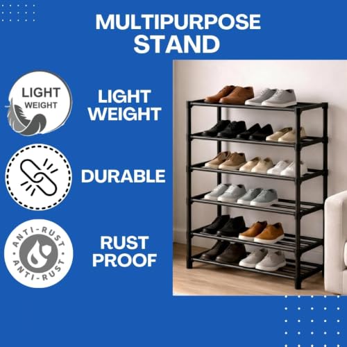 Image of Shoe Rack 6 Layer Shoe Rack for Home Plastic, Thick Strong Pipes for Heavy Load Multipurpose Organizer Rack Shoe, Cloth & Book Storage Shelf for Home, Balcony, Living Room & Workspace