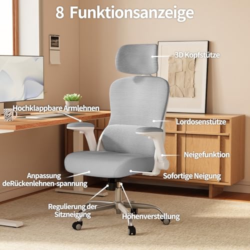 Image of TRALT Ergonomic Office Chair, Office Chair, Gaming Chair with Adjustable Headrest, Lumbar Support, Home Office, Desk Chair, Computer Chair for Large People, Mesh Chair, 150 kg, Grey