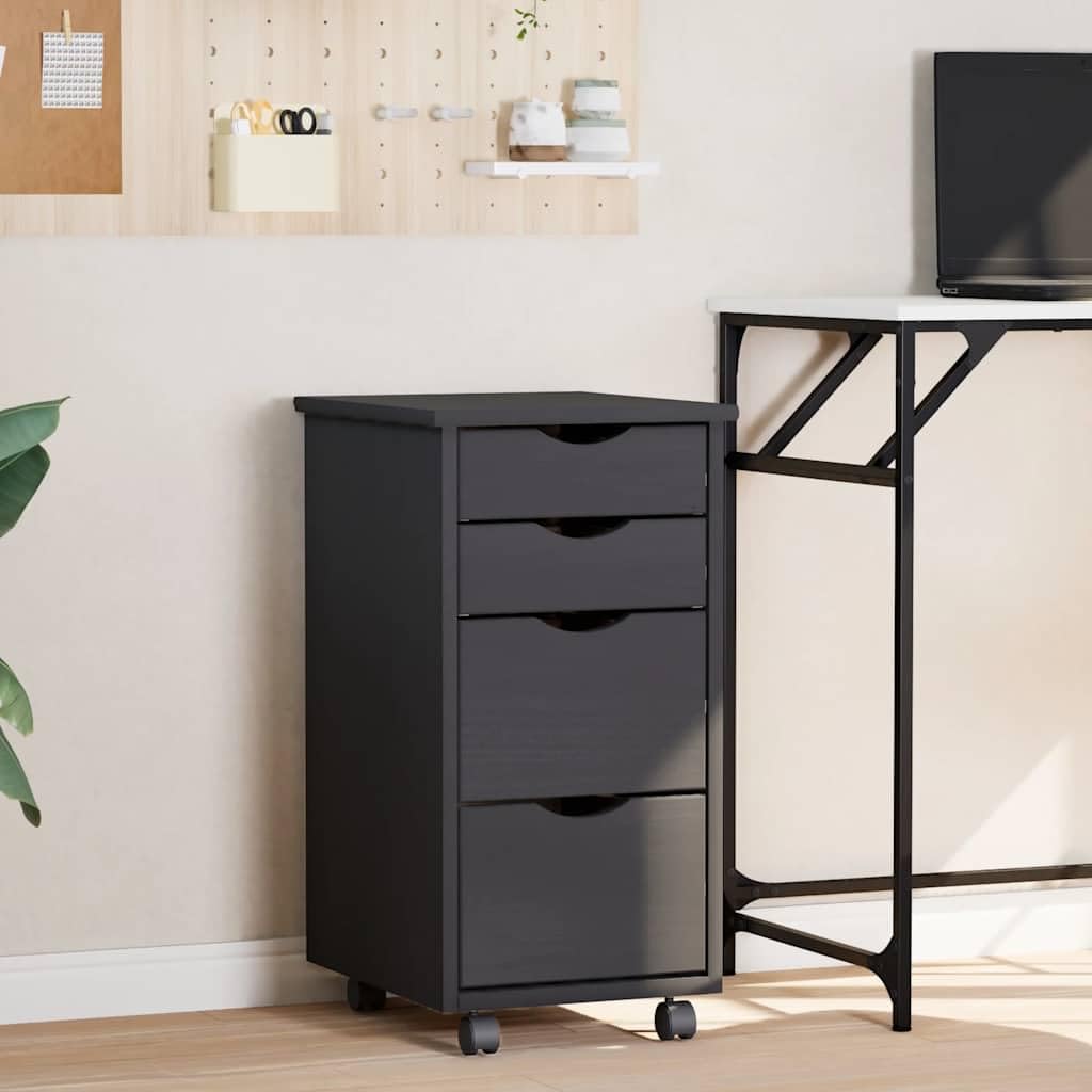 Rollcontainer Moss mit 4 Schubladen, Rollschrank aus massivem Kiefernholz, mobiler Aktenschrank für Büro & Home Office, Büroorganisation, 34 x 39 x 65,5 cm, Grau
