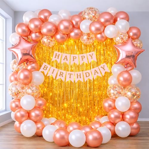 Image of Happy Birthday Decoration Kit for Baby Teenage Girls Men Women Adults Home Table Year With 30 Pc Rose Gold White Balloons 1 Pc Pink Happy Birthday Paper Banner 1 Pc Golden Foil Curtain Items Set Combo