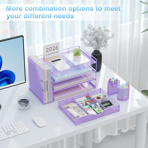 Image of gianotter Desk Organizers and Accessories with File Holder, 4-Tier Desk Accessories & Workspace Organizers with Drawer and 2 Pen Holder, Paper Organizer for Office Supplies (Purple)