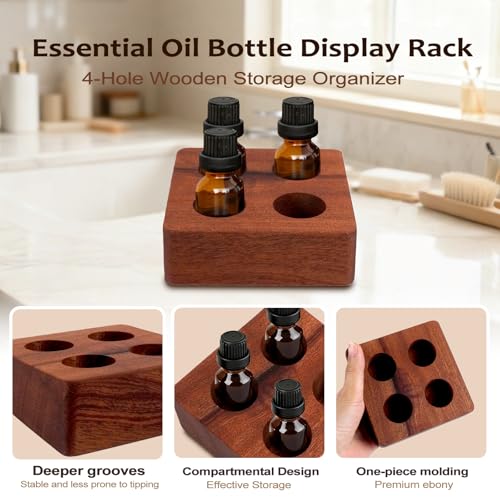 Image of VolksRose Angled Wenge Essential Oil Organizer for 5-20ml Bottles - 4 Hole Mini Storage Holder, Compact Display Stand for Travelers, Oil Beginners, Aromatherapy Countertop Shelf for Home & Spa
