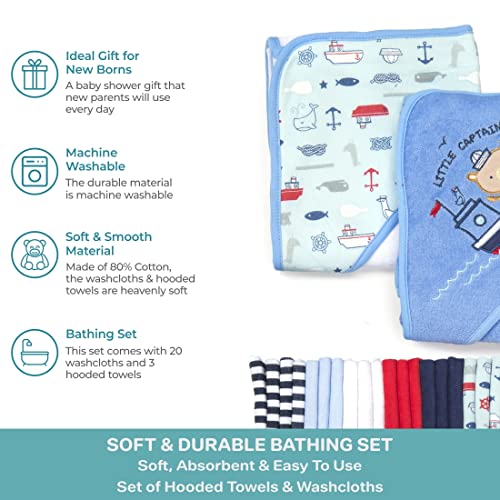 Image of Spasilk 23-Piece Soft Terry Hooded Bath Towel and Washcloth Set, 3 Baby Towels and 20 Baby Washcloths for Newborn Boys and Girls, Navy Nautical