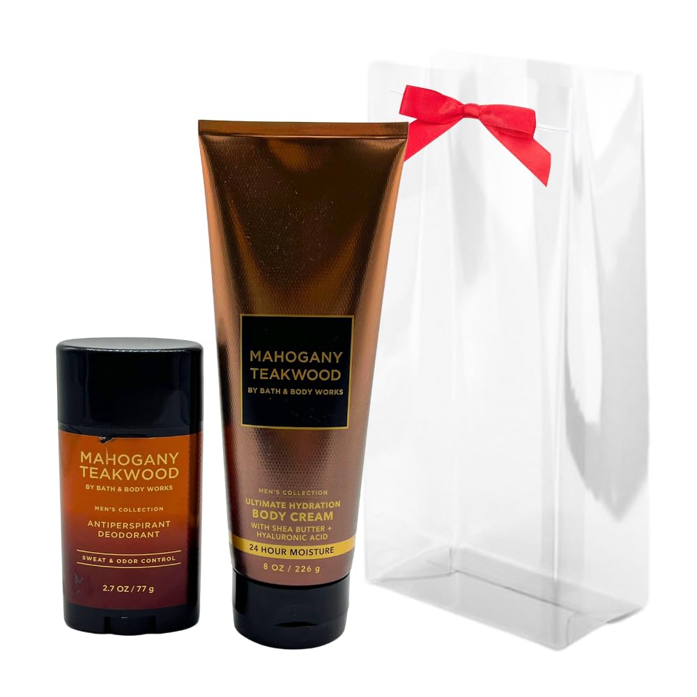Bath & Body Works MAHOGANY TEAKWOOD Men's Collection Ultimate Hydration Body Cream & Antiperspirant Deodorant 2-piece Gift Set with a Red Bow for Holidays