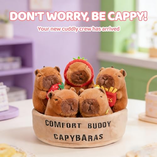 Image of Emotional Support Capybara Plush Set, 5 Soft Squishy Toys Stuffed Animal with Carrying Basket, Cute Cuddly for Loved Ones of All Ages, Stress Relief Funny Gifts (Capybara)