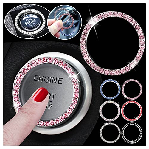 Awligaiy 2Pcs Diamond Crystal Rhinestone Ring Car Stickers, Auto Engine One-Key Start Decoration Car Interior Accessory for Vehicle Lgnition Button Sparkly Car Bling Ring Emblem Sticker (Multicolor)