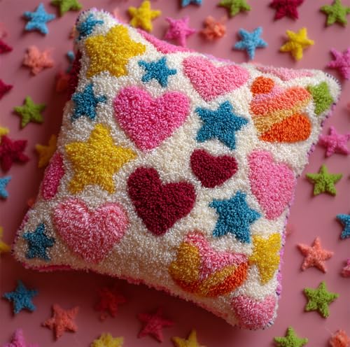 Taxpy Kit Point Noué Á Faire Coussin Broderie Debutant Diy Coeurs Roses Et Étoiles Colorées Latch Hook Kit Complet Decoration Maison Manuelle Loisir Créatif Ca. 43 X 43 Cm Embroidery