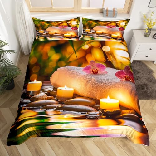 Zen Spa Bedding Set Twin Size for Kids Boys Bedroom,Spa Still Life Bed Duvet Cover Set,Aromatic Candles Comforter Cover Meditation Decor 2 Pieces 1 Duvet Cover with 1 Pillowcase No Comforter
