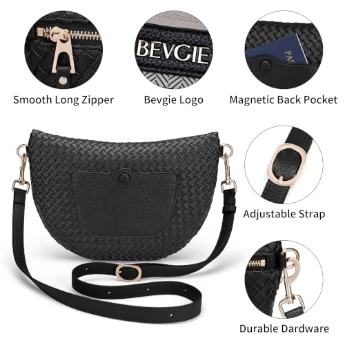 LANALULU Woven Leather Corssbody Bags for Women Medium Checkered Fanny Pack Bum Bags Trendy Adjustable Strap Shoulder Sling Bag for Travel, Festivals Black White — view 6