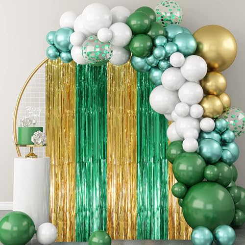 Image of Voircoloria 2 Pack Green and Gold Foil Fringe Backdrop Curtains, Tinsel Streamers Party Decorations, Fringe Backdrop, Door Shimmer for Graduation or Birthday Party