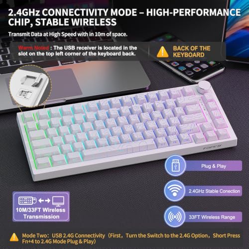 Image of FOPETT Wireless Mechanical Keyboard Rechargeable Adjustable Backlight Three Mode Wired /2.4G /Bluetooth Side Engraved for Laptop /Windows /PC - Contour Lines White