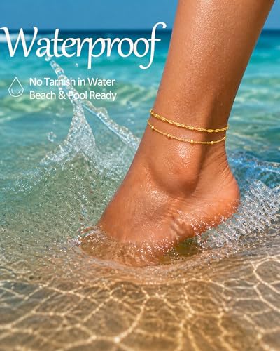 Image of FUNEIA Gold Silver Ankle Bracelets for Women Waterproof 14K Gold Plated Anklets for Women Non Tarnish Dainty Layered Beaded Heart Anklet Set Summer Beach Foot Chain Jewelry Gifts Trendy Stuff