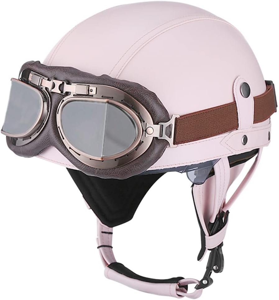 Vintage Leather Motorcycle Retro Half Helmet Men Women Adult for Scooter Bike Cruiser with Goggles and Drop Down Sun Lens Vintage Leather Motorcycle Retro Half Helmet Men Women Adult for Scooter Bike Cruiser with Goggles and Drop Down Sun Lens