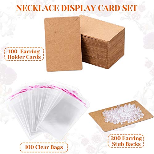 Earring Cards, Anezus 100 Pcs Earring Display Cards Earring Holder Cards with 200 Earring Backs and 100 Self- Sealing Bags for Earrings Necklace Jewelry Display, Kraft Color 3.5x2.4 Inches2
