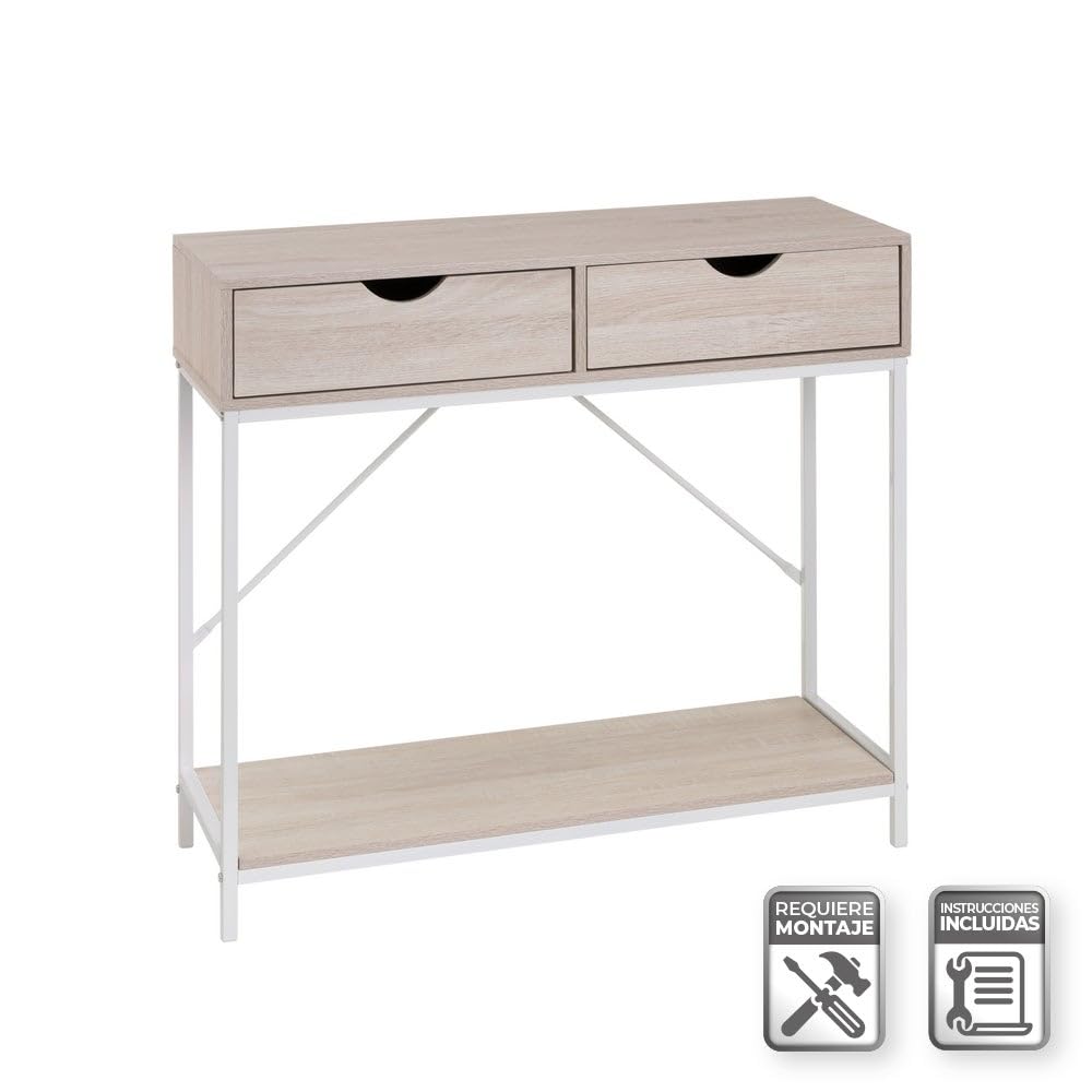 Consola recibidor Urban 2 cajones de metal y madera blanco de 80x30x75 cm | Mueble auxiliar estrecho con 2 cajones y una balda inferior de almacenaje. Para recibidor, entrada o salón