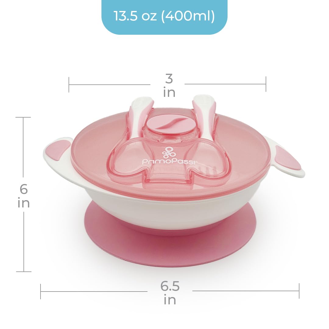Baby Suction Bowl with Lid Snap-in Fork & Spoon - BPA Free First Stage Self Feeding Utensils - by Primo Passi |Pink|