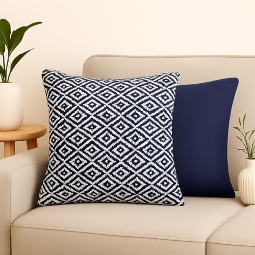 Image of 16x16 Inch Reversible Pack of 2 Navy Cotton Argyle Woven Throw Pillow Covers for Couch Sofa Bed Home Decoration Restaurant | Size 40 x 40 cm