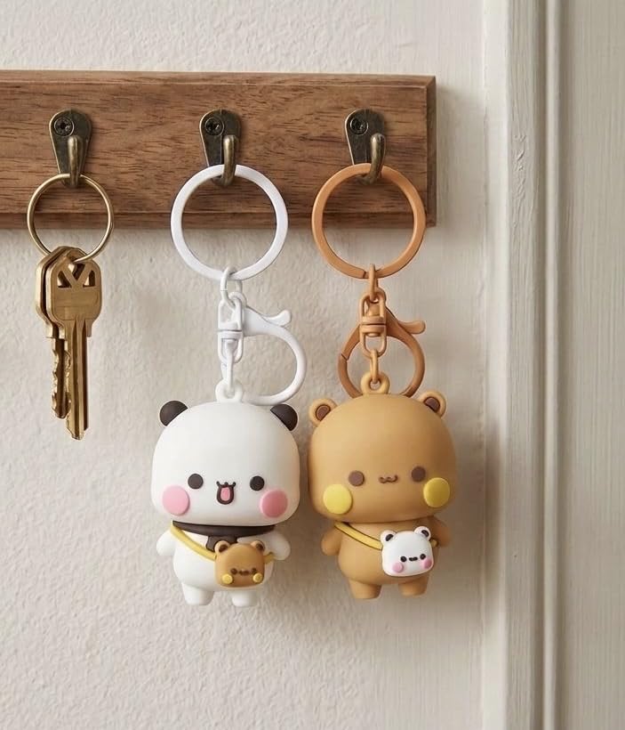 Image of Bubu Dudu Character Cute Keychains, 2PCS Kawaii Cartoon Statue Bears Panda Figurine Key Chains, Multicoloured, Unisex