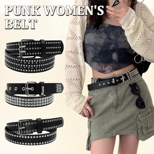 3 Pcs Studded Belt, Y2K Goth Punk Rock Gothic Belt, Black, Size 33-38 inch, Unisex-Adults4