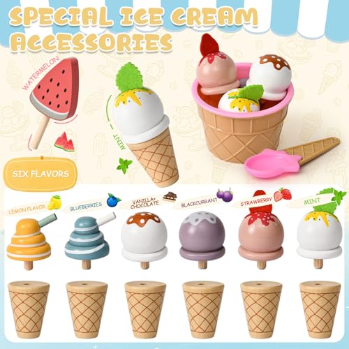 Atoylink Eisdiele Kinder Holz, kaufladen Zubehör mit Kaufmannsladen Zubehör Holz Spielgeld Einkaufsladen, Eisladen Kinder EIS Spielzeug Rollenspiel Geschenk für Mädchen Junge 3 4 5 6 Jahre