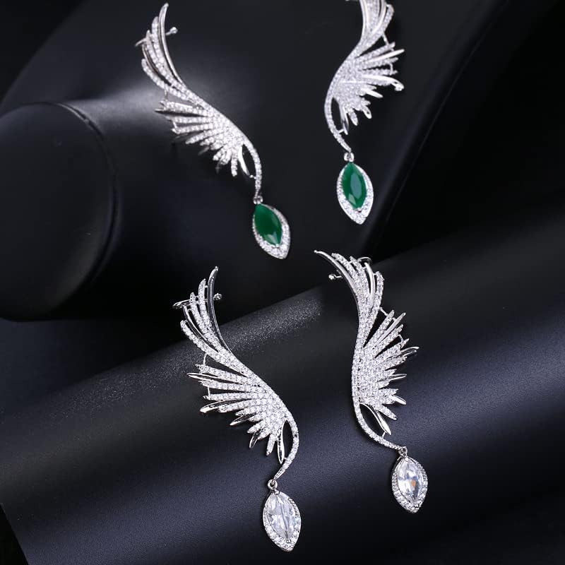 14K Gold Gemstone Feather Clip On Earrings for Women,Dainty Waterdrop Emerald Moissanite Angel Wing Ear Cuff,Fashion Christmas Jewelry Gift for Her - Image 4