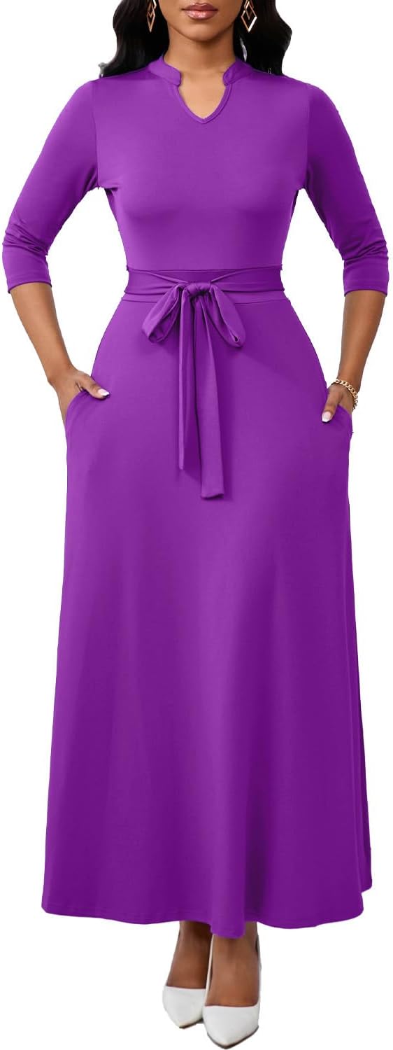 Maxi Dresses for Women Semi Formal Long Dress 3/4 Sleeve Casual A-line Church Dresses with Pockets - Image 4