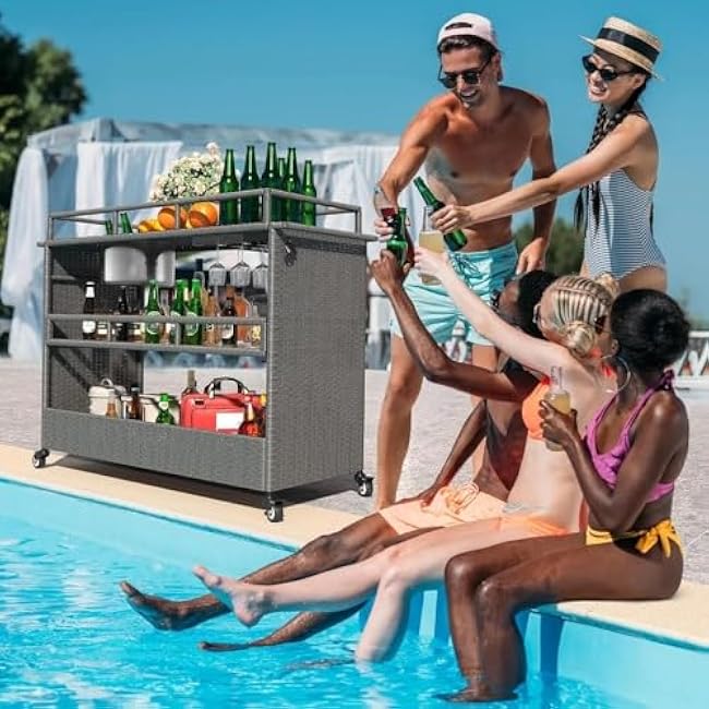 Kitchen Island Trolley Kitchen Cart, Portable Bar Cart with Wheels, Rattan Counter Table with 2 Steel Shelves, Suitable for Terrace Kitchen Backyard Rolling Kitchen cart-KYrdKyBj