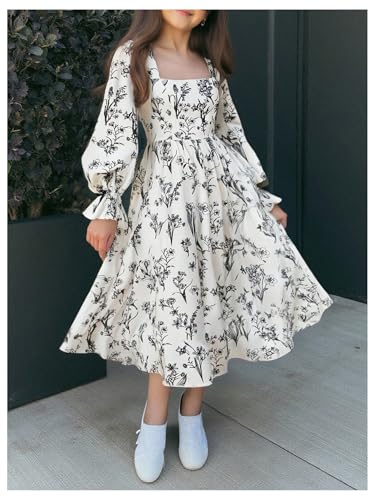 Floerns Girl's Floral Puff Sleeves Maxi Dress A Line Ruffle Hem Bow Long Sleeve Dress3