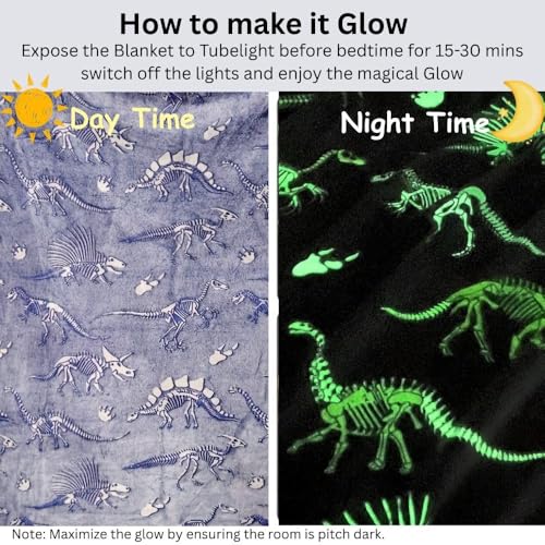 Image of Happy Hues Glow in The Dark Blanket Kids-Teens Boys & Girls Travel Lightweight Throw Blankets Soft & Fluffy for Kids (Boneosaur)