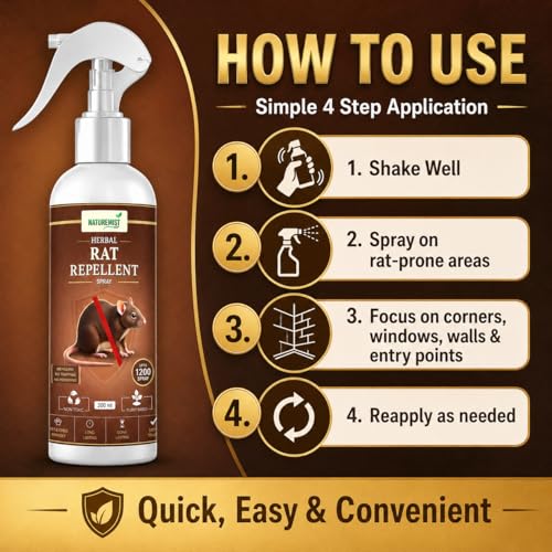 Image of Rat Repellent Spray for Home, Kitchen, Storage & Wardrobe | Natural Rodent Deterrent for Cabinet, Garage, Car, Store Room & Outdoor Areas | Plant Based 200ml