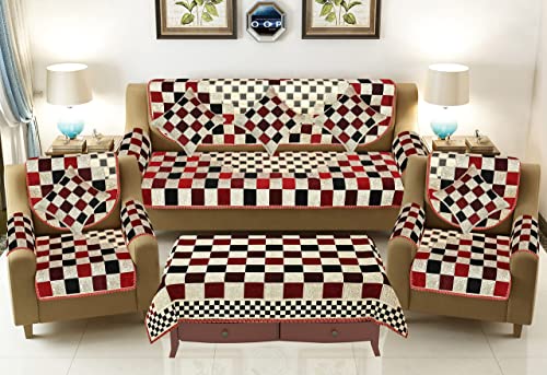 Image of SAWNA Homes 5 Seater Sofa Set with Cushion & Table Cover for Living Comfort - 3 and 2 Seater Arm Cover Set for Home Sofa Couch - 16 Pcs Chenille Slip Cover for Furniture Protector, (Mehroon Coffee)