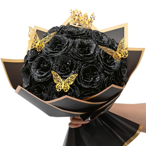 Waipfaru Black Glitter Roses Bouquet, DIY Flowers Bouquet, Birthday Gifts for Women Mom Grandma Wife Girlfriend, 24 Pcs Fake Rose for Valentines, Mothers Day, Anniversary, Graduation Gifts