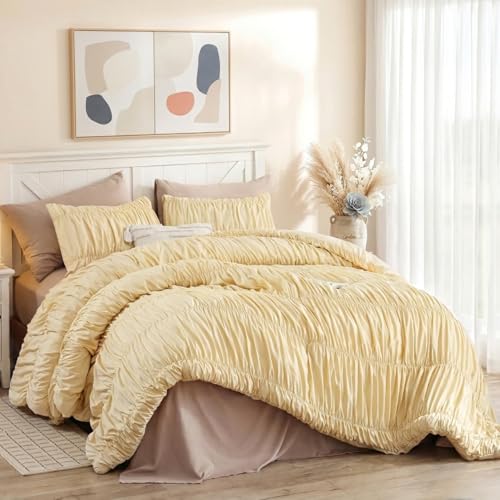 Image of weigelia Cinched Comforter Set Queen - Soft Ruched Bedding Set, 3PCS Light Yellow All-Season Fluffy Lightweight Comforter with Pillowcases for Bedroom, Apartment & Dorm Decor